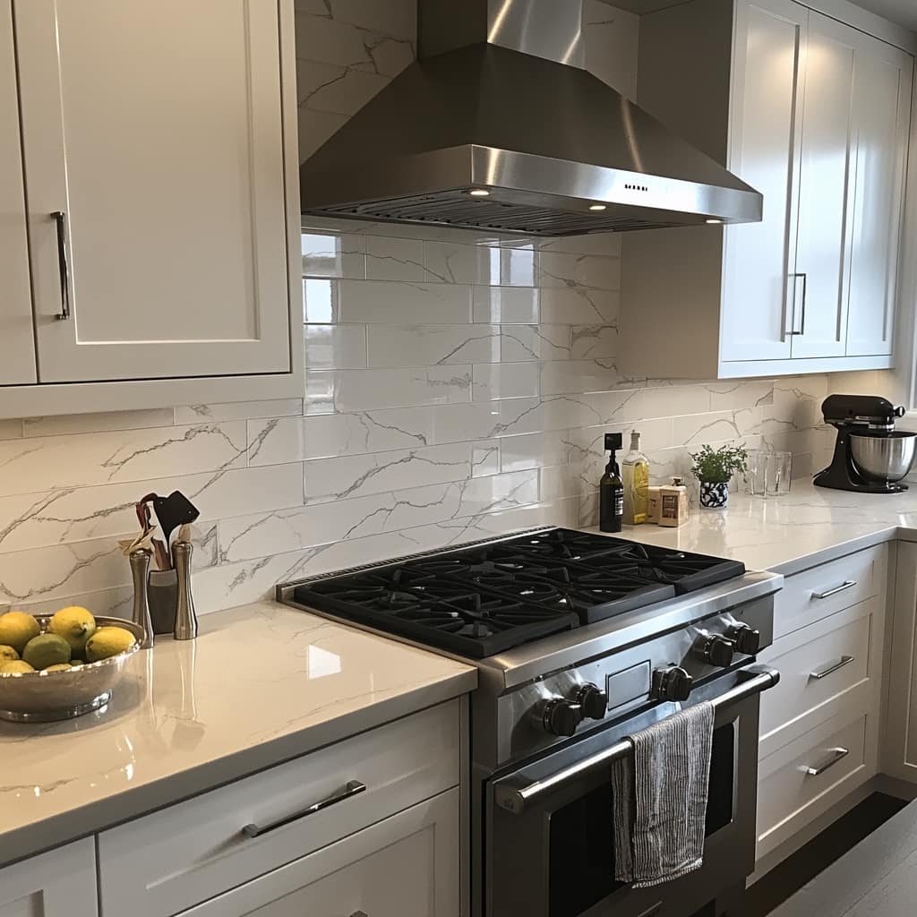 bright kitchen with marble backsplash