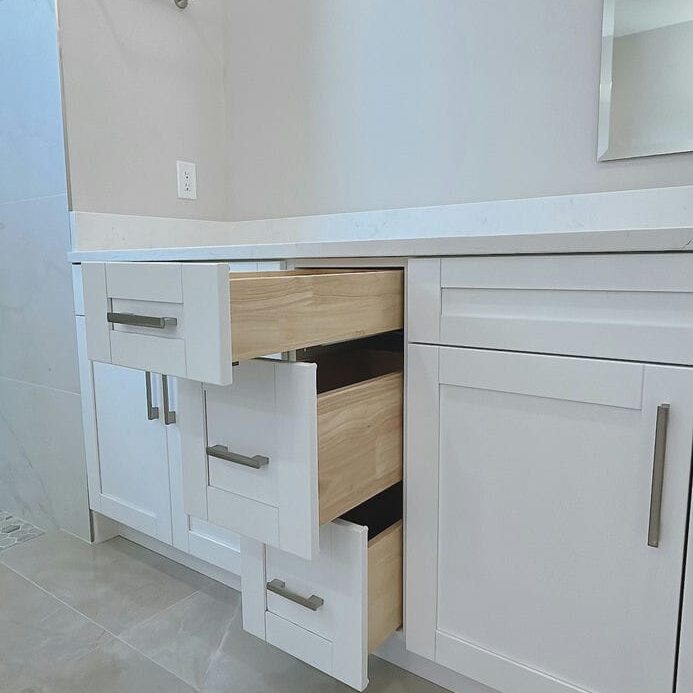 white rta bathroom drawers and cabinets